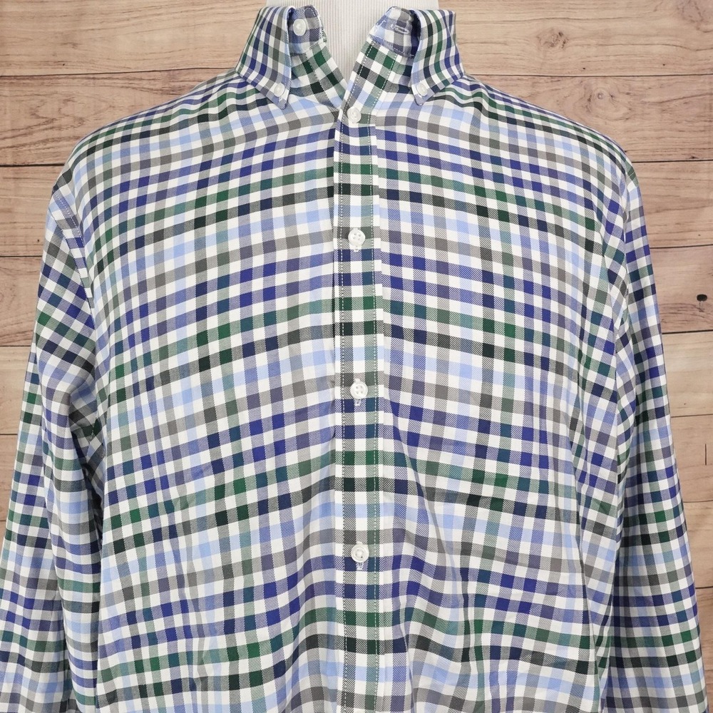 Tommy Hilfiger Dress Shirt Mens 17.5 34/35 Slim Fit Blue Plaid Non-Iron Woven